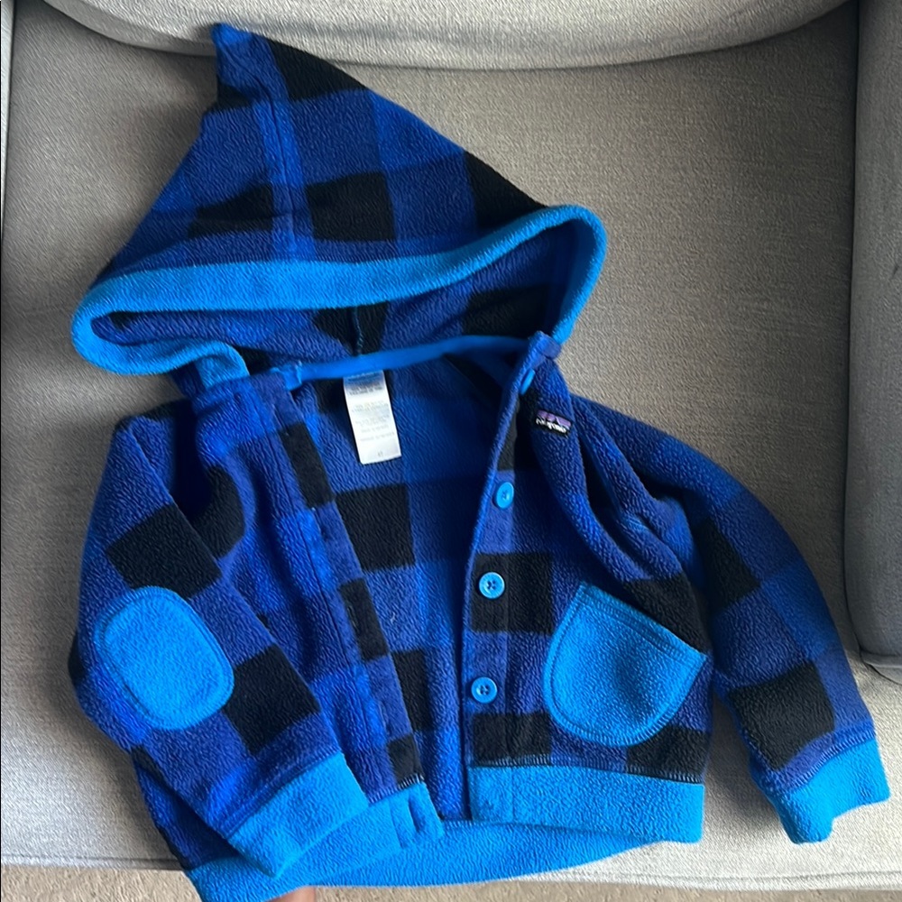 Patagonia Kids Blue and Black Plaid Hoodie